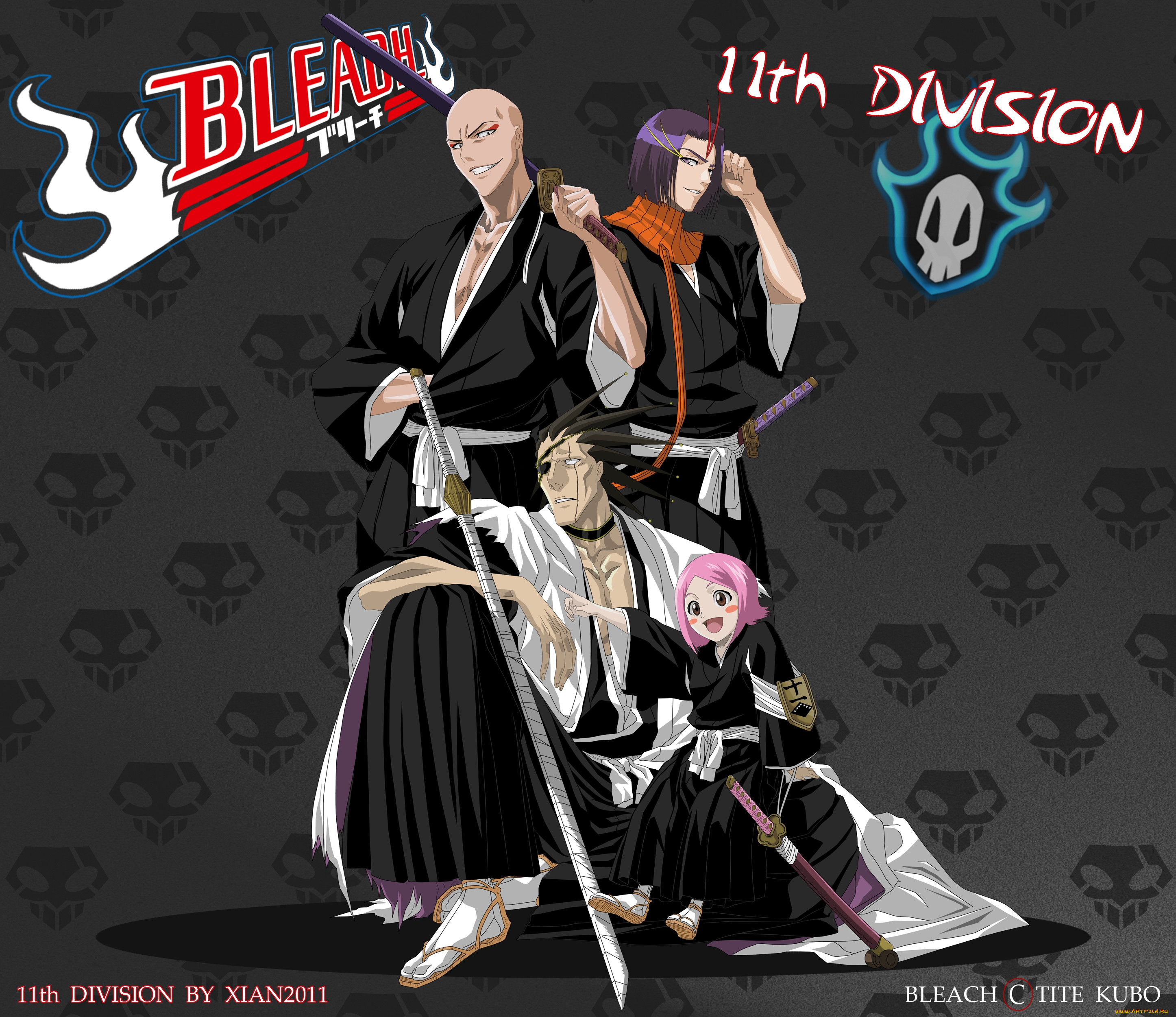 , bleach, yumichika, ikkaku, yachiru, kusajishi, kenpachi